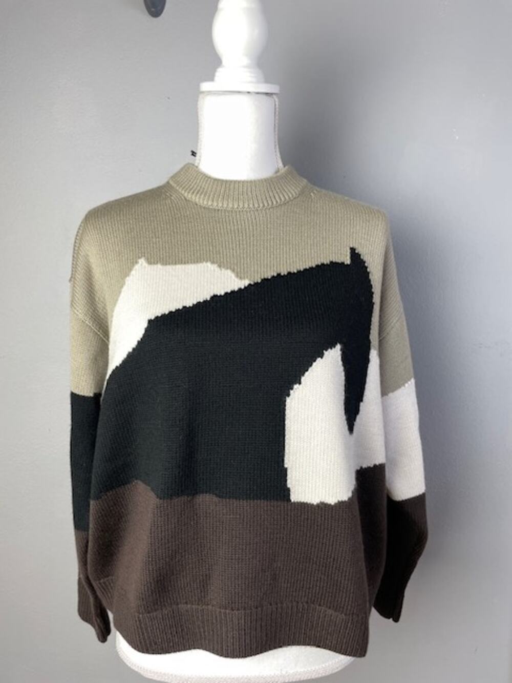 STAUD Giada Stables Sweater XS NWT Merino Wool Knit Colorblock Horse Intarsia